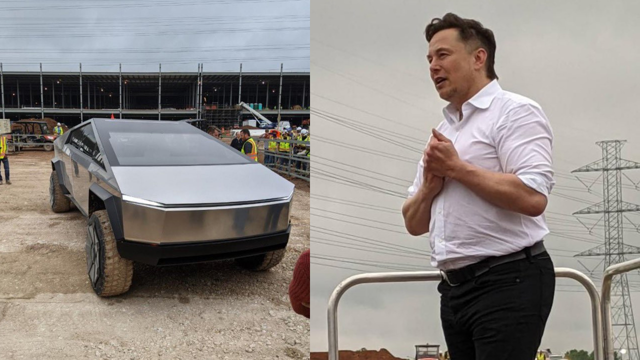 Elon Musk in visita alla Gigafactory in costruzione di Austin si presenta con il suo Cybertruck